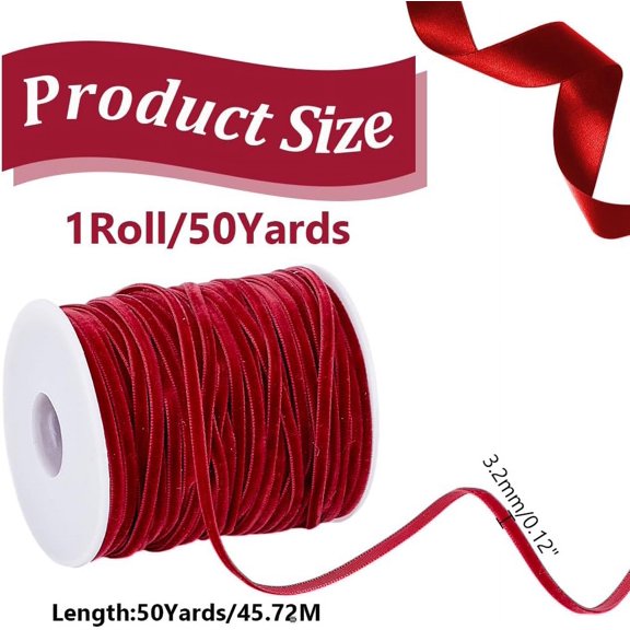 50 Yards Thin Velvet Ribbon 1/8 Inch Vintage Red Ribbon Single Face Velvet Ribbon Spool Fabric Trim for Gift Wrapping Velvet Bows Making DIY Crafts Wedding Home Decor