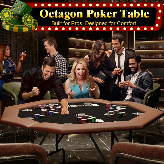 GloryStar Portable 47 Inch Octagon Poker Table, Foldable 8-Player Texas Holdem Table with Cup Holders and Water-Resistant Cushioned Rails for Home Parties