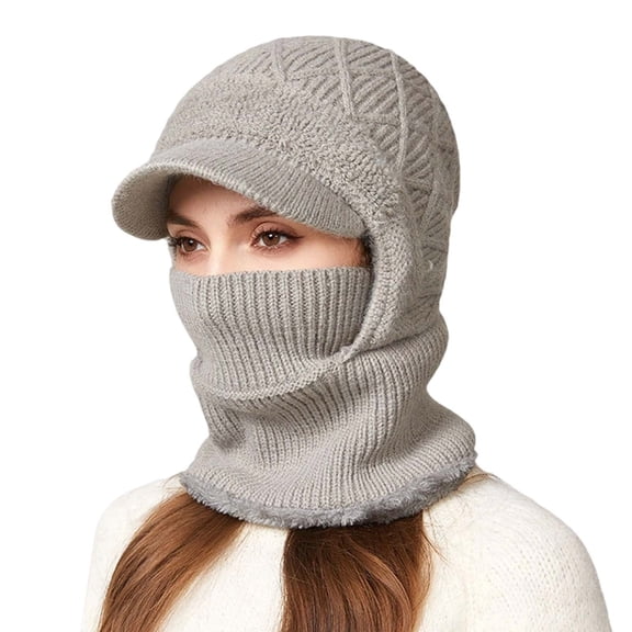 Fgnfyis Winter Hat with Face Integrated Knitted Scarf Neck Warmer for Outdoor Sports Cycling Skiing Hats for Women Grey