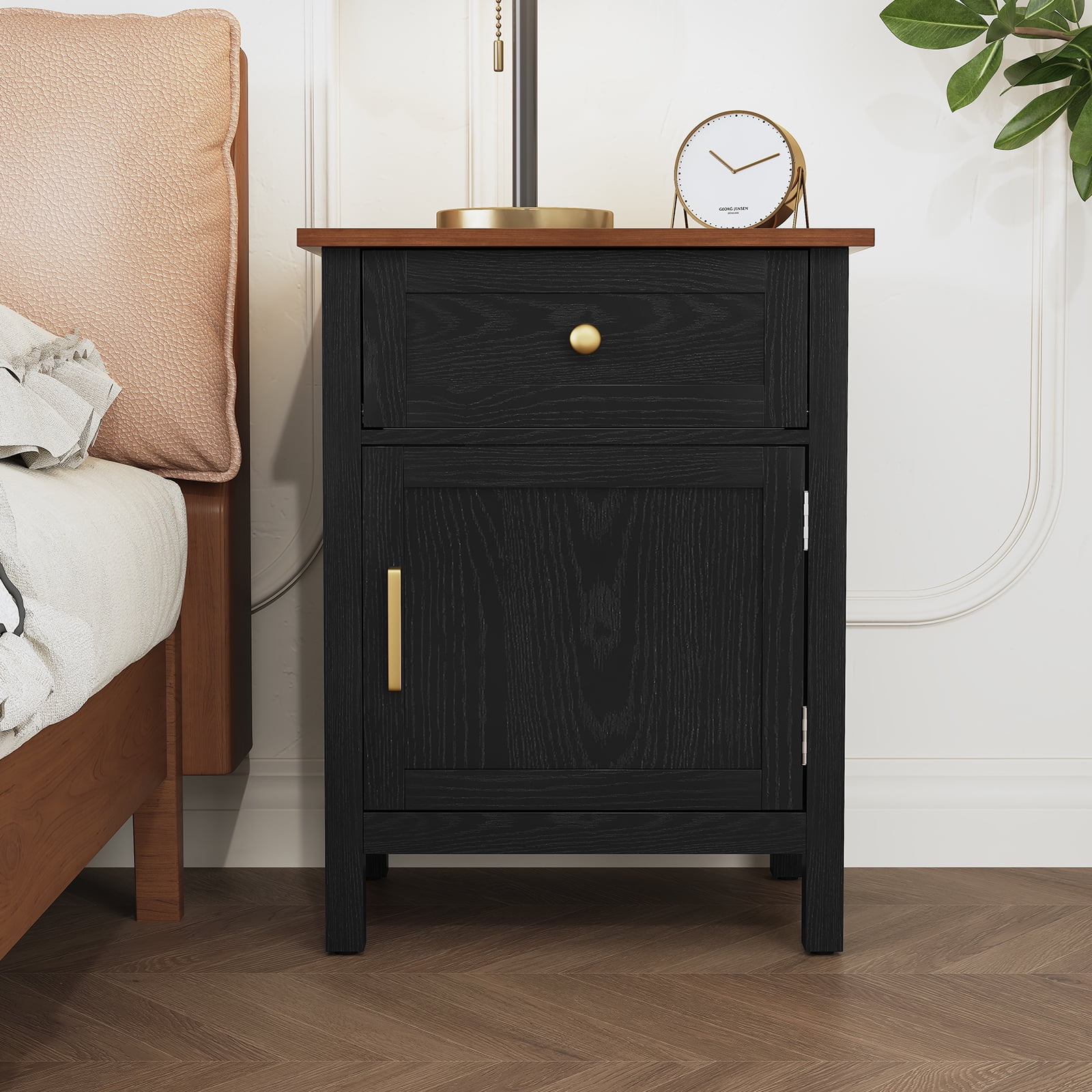 HLR 19" Farmhouse Nightstands Set of 2 with Drawer and Door, Wood Bedside Table End Table for Bedroom, Black