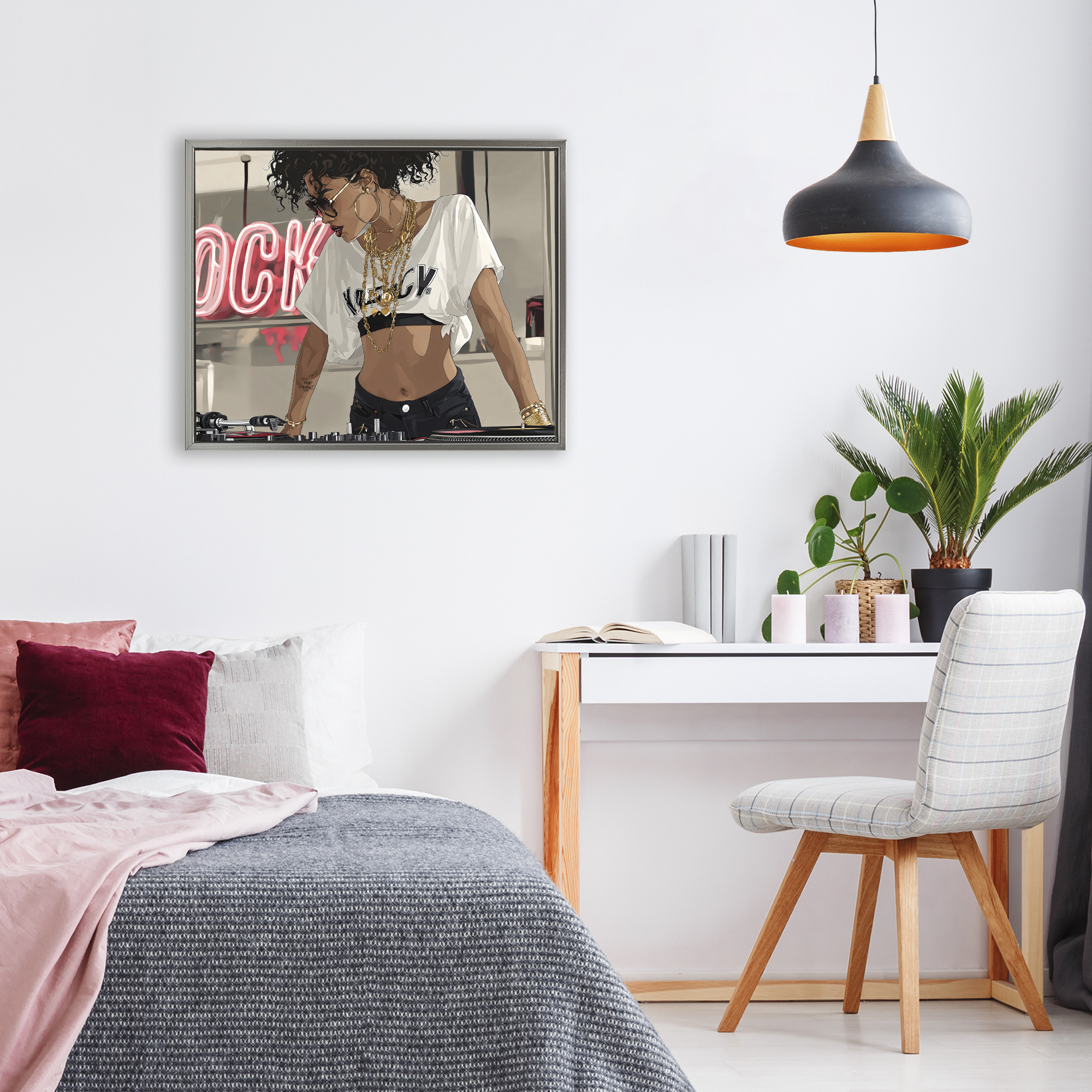 Stupell Industries Rock Neon DJ Music Gray Framed Floater Canvas Wall Art, design by Franklyn Gregory
