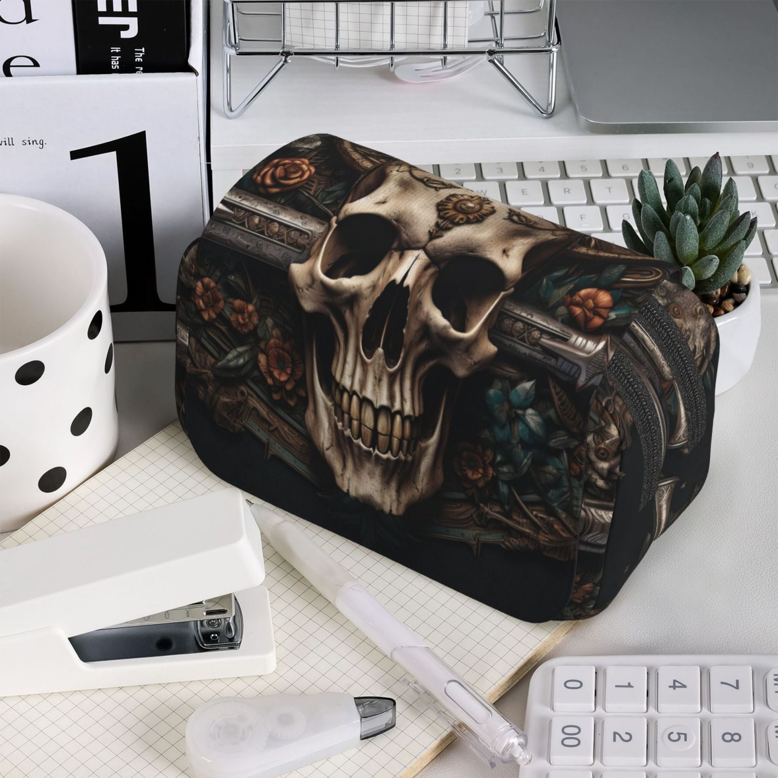 Rateoe Metal Style Horned Skull Pattern Double Clamshell Pen Case, Storage Organizer with Two Zipper Compartments– Holds Up to 50 Pencils & Pens