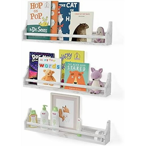 Angel 30" Floating Shelves for Wall Decor, Toy Storage Shelf & Nursery Book Shelves, Kids Bookshelf for Wall, Wood Shelves for Home Decor Floating Shelf Set of 3 Rustic White