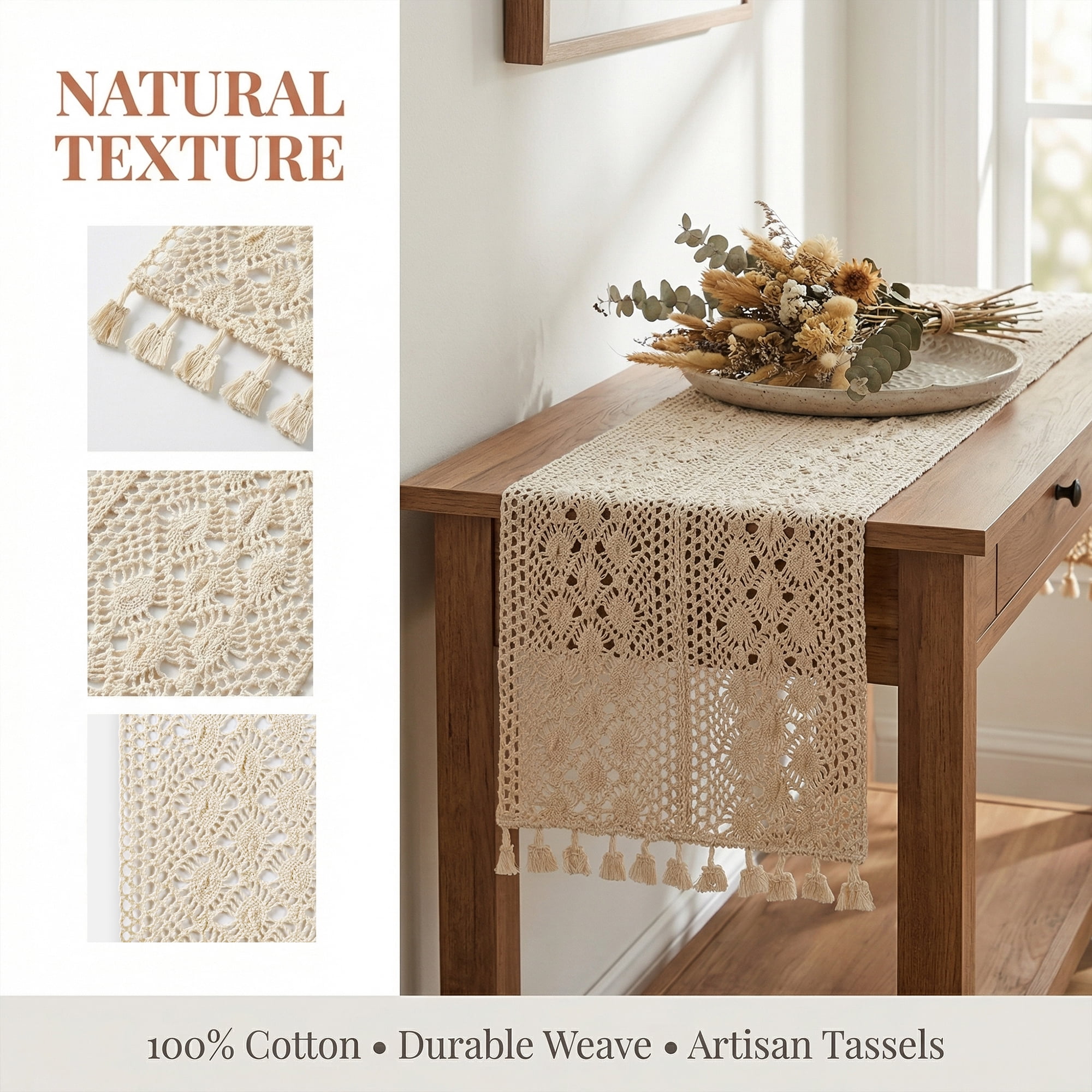 Unique Bargains Long Washable Cotton Kitchen Runner with Tassel Phoenix Tail Flower 70.9in