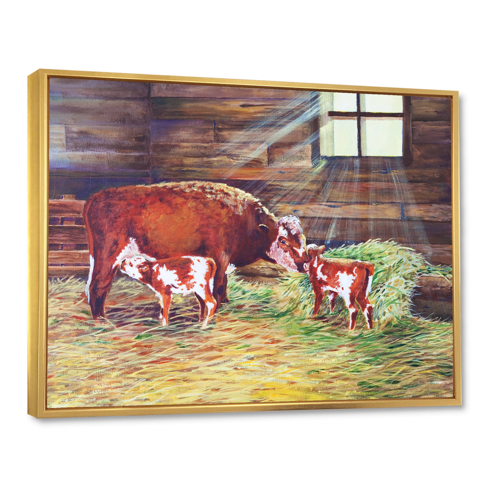 Designart 'Newborn Twin Calves With Cow At The Farm' Farmhouse Framed Canvas Wall Art Print