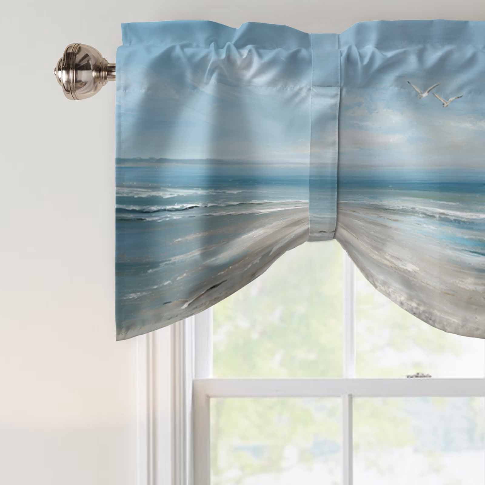 Ocean Tie Up Valances Curtain, Adjustable Kitchen Summer Beach Seagull Oil Painting Coastal Valances for Windows Decor, Rod Pocket Short Curtains Set for Bedroom/Bathroom, 60"x18"