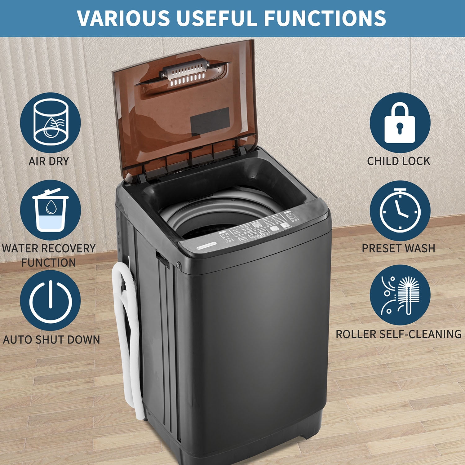 Spaco Compact Home Automatic Washer, 17.6 lbs. of Laundry, 8 Water Levels/10 Programs for Apartments, Antique Grey White Spaco Compact Home Automatic Washer, 17.6 lbs. of Laundry, 8 Water Levels/10 Programs for Apartments, Antique Grey White