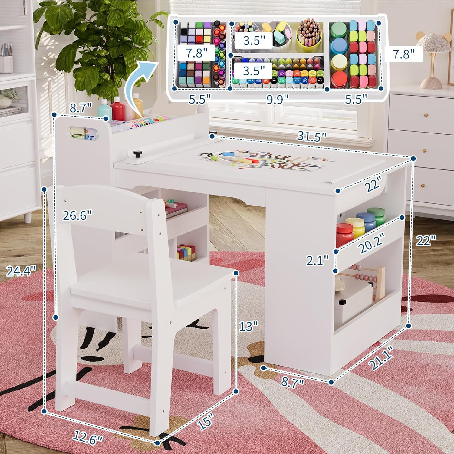 Shininglove Kids Art Table & 2 Chairs Set - 42" Wooden Activity Desk w/Storage Shelves & Paper Roll Dispenser for Toddlers Age 2-10, Daycare Craft Station