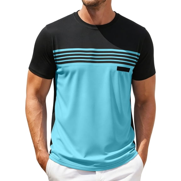Men's Shirts, Men's Striped Color Block Tees Casual Crew Neck Short Sleeve T-Shirts Summer Fast Dry Ventilate Loose Workout Tops Sky Blue L