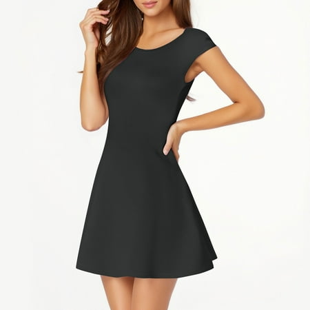 FDGIU Women s Round Neck Midi Dress - Summer Casual Short Sleeve A-Line Pleated Dress with Pockets