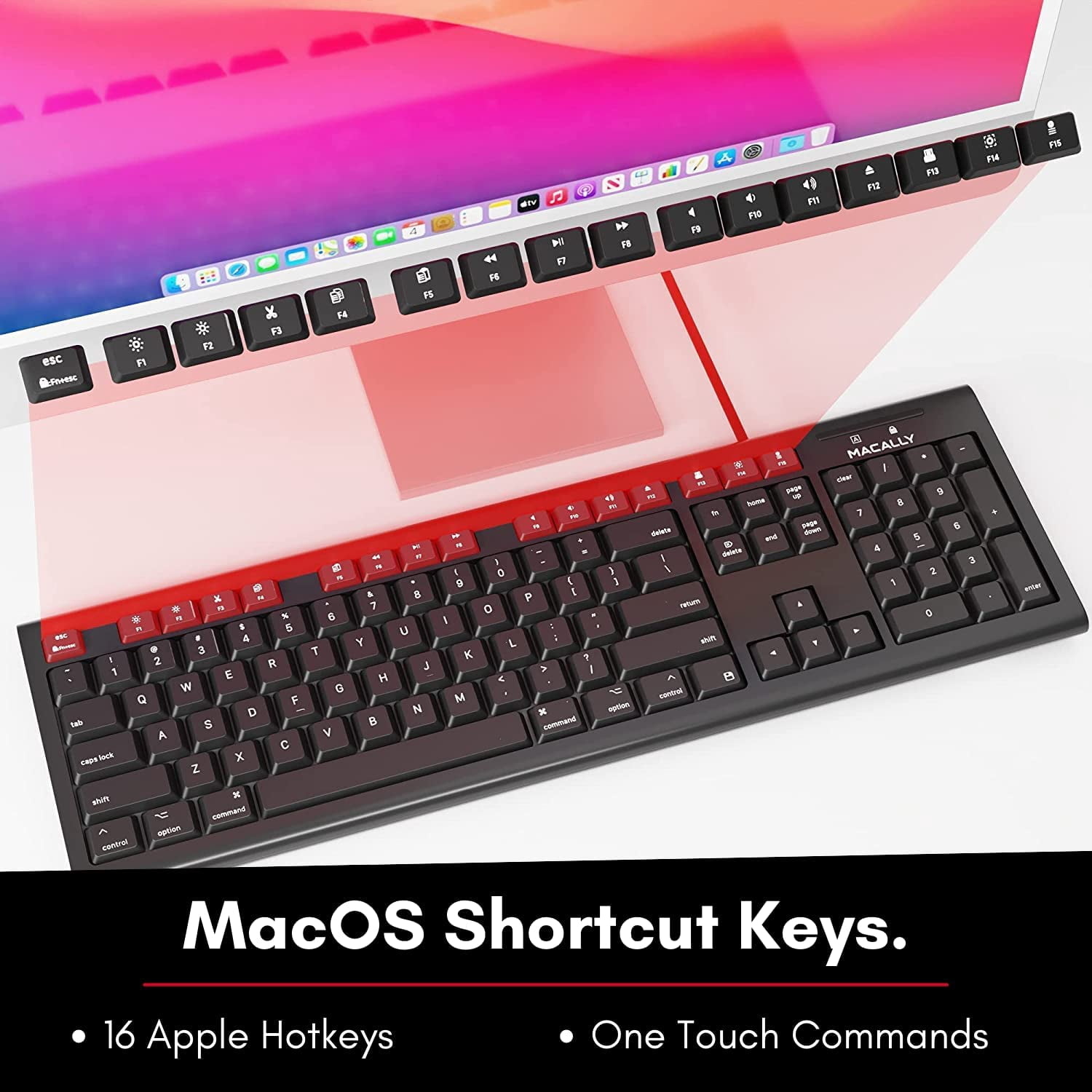 Macally Full-Size USB Wired Keyboard for Mac Mini/Pro, iMac Desktop Computer, MacBook Pro/Air Desktop w/ 16 Compatible Apple Shortcuts, Extended with Number Keypad, Rubber Domed Keycaps - Spill Proof