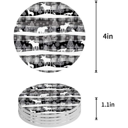 

ZHANZZK Rustic White Black Buffalo Check Plaid Marry Christmas Set of 4 Round Coaster for Drinks Absorbent Ceramic Stone Coasters Cup Mat with Cork Base for Home Kitchen Room Coffee Table Bar Decor