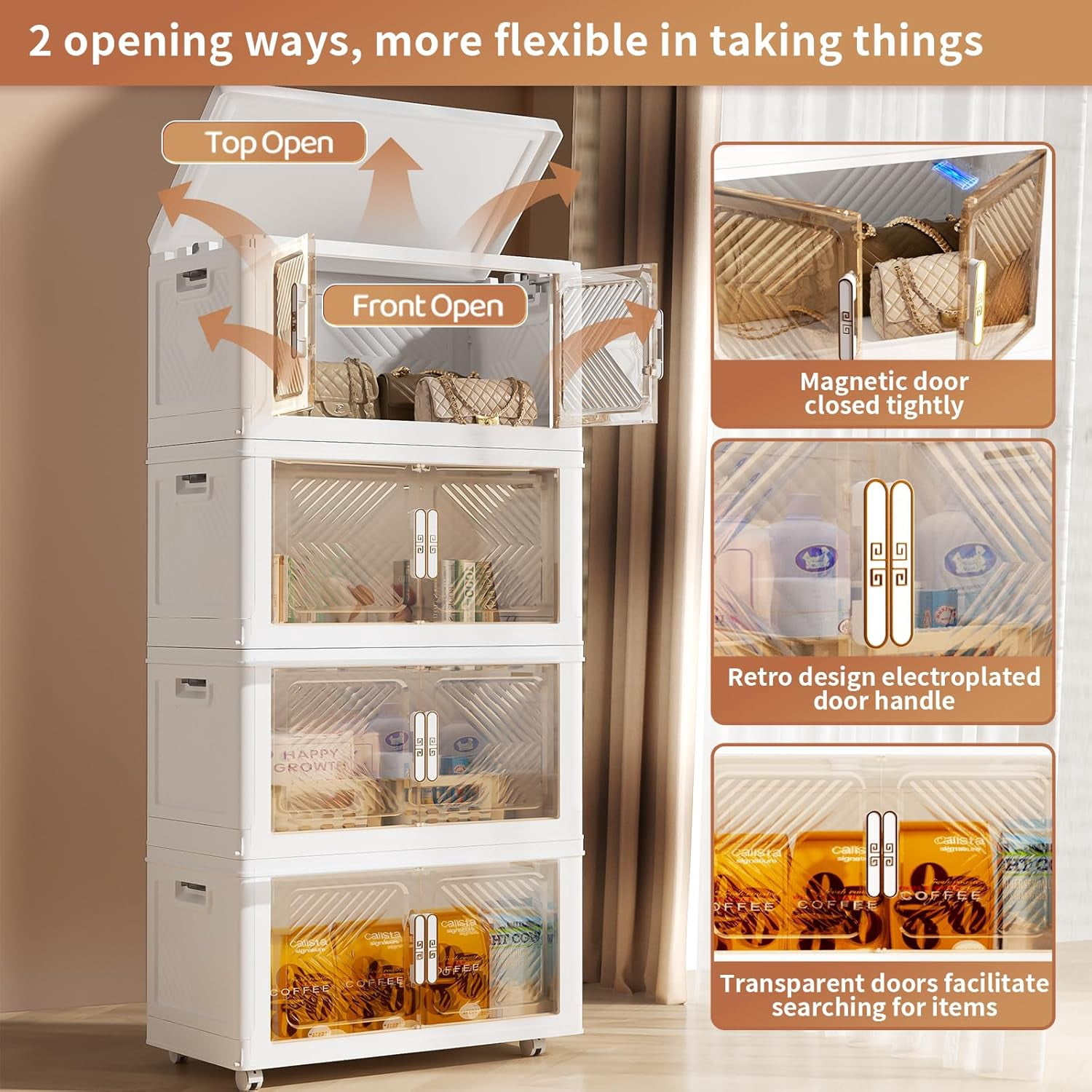 Storage Bins with Lid 4 Pack 120QT, Stackable Storage Containers with Wheels and Magnetic Doors, Plastic Clothes Closet Organizers and Storage Box for Home and Office