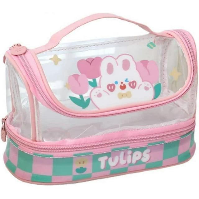 Estuche escolar kawaii con dibujos de animales, transparente, de doble capa y gran capacidad, con un diseño práctico (Flor, conejo Rui Rui)