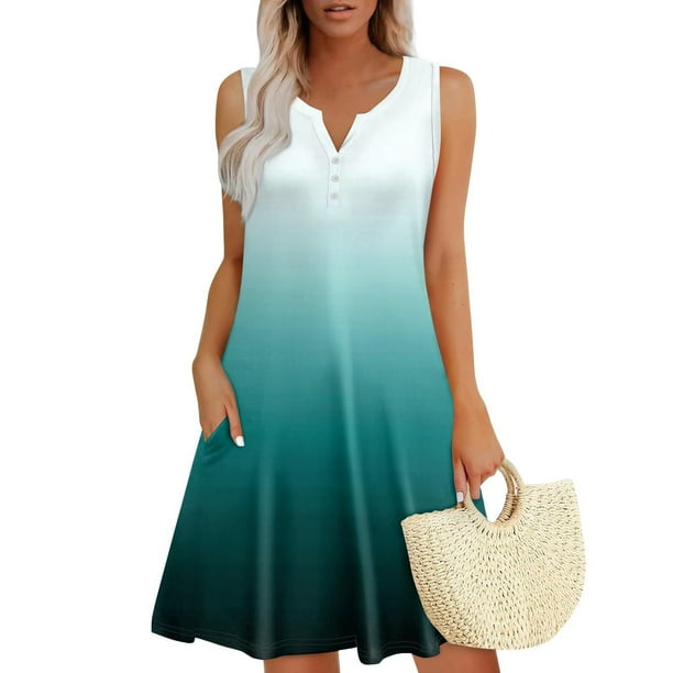 Vestido Corto para las Mujeres de Verano, la Impresión de la Moda de Bolsillo Botón sin Mangas Cuello en V para Casual Y Diario
