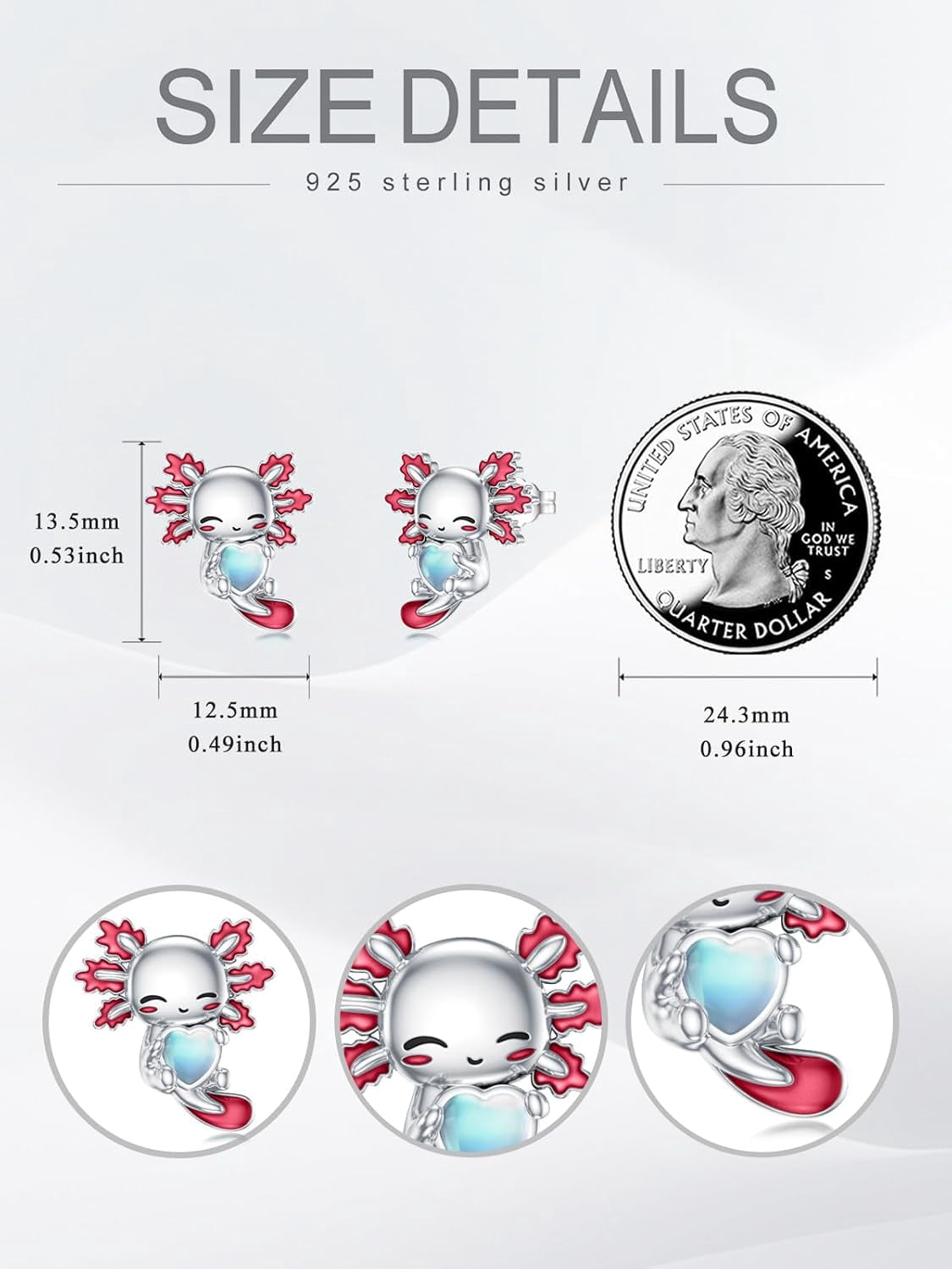 Axolotl Stud Earrings 925 Sterling Silver Cute Red Axolotl Moonstone Earrings Jewelry Gifts for Women Mom Her