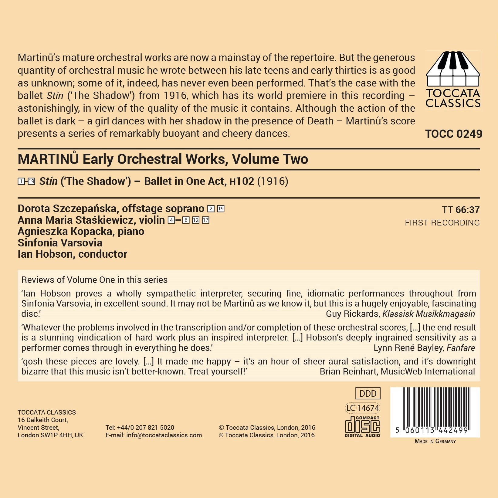 Martinu,B. / Kopacka,Sinfonia / Hobson,Ian - Martinu: Early Orchestral Works 2 - Music & Performance - CD