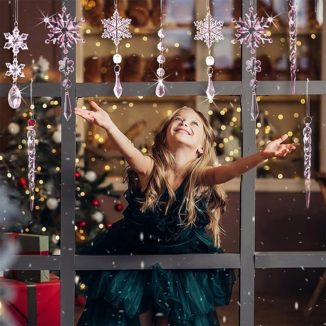 Adornos acrílicos transparentes con copos de nieve y carámbanos - Set de 18 piezas con 5 estilos para decoraciones de árbol de Navidad y detalles para fiestas de invierno