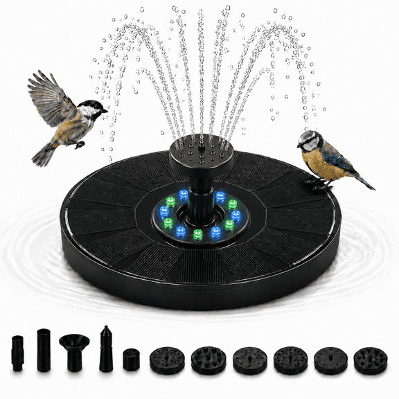 KOYMISKU Solar Bird Bath Fountain with Color LED Lights, Multiple Nozzles, 6.3 Inch Solar Powered Water Fountain for Pond, Pool & Garden