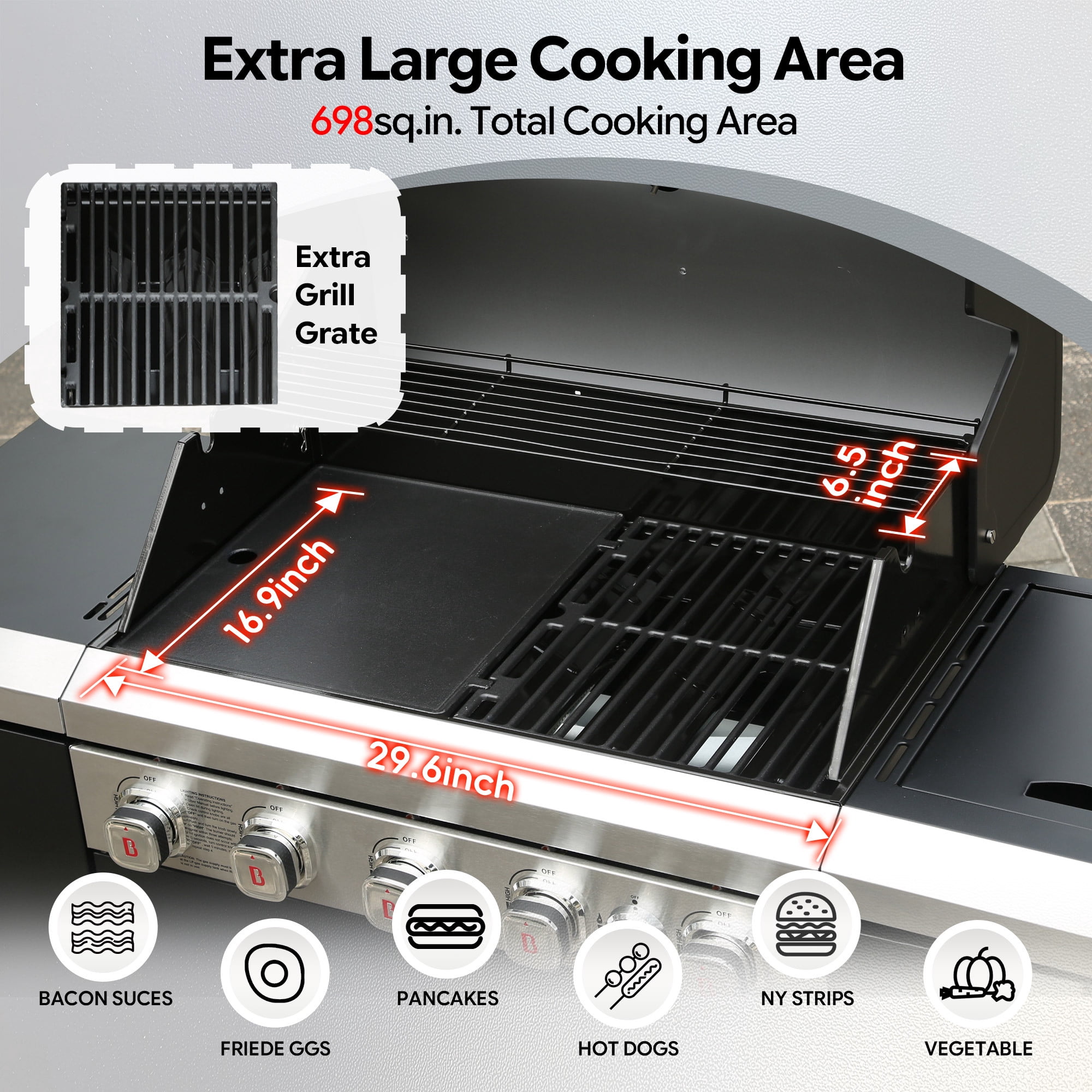 Brand Man 5-Burner Outdoor Gas Kitchen Grill Island with Side Burner, BBQ Station with Storage Cabinets and Fold-out Prep Table, LPG/NG Convertible