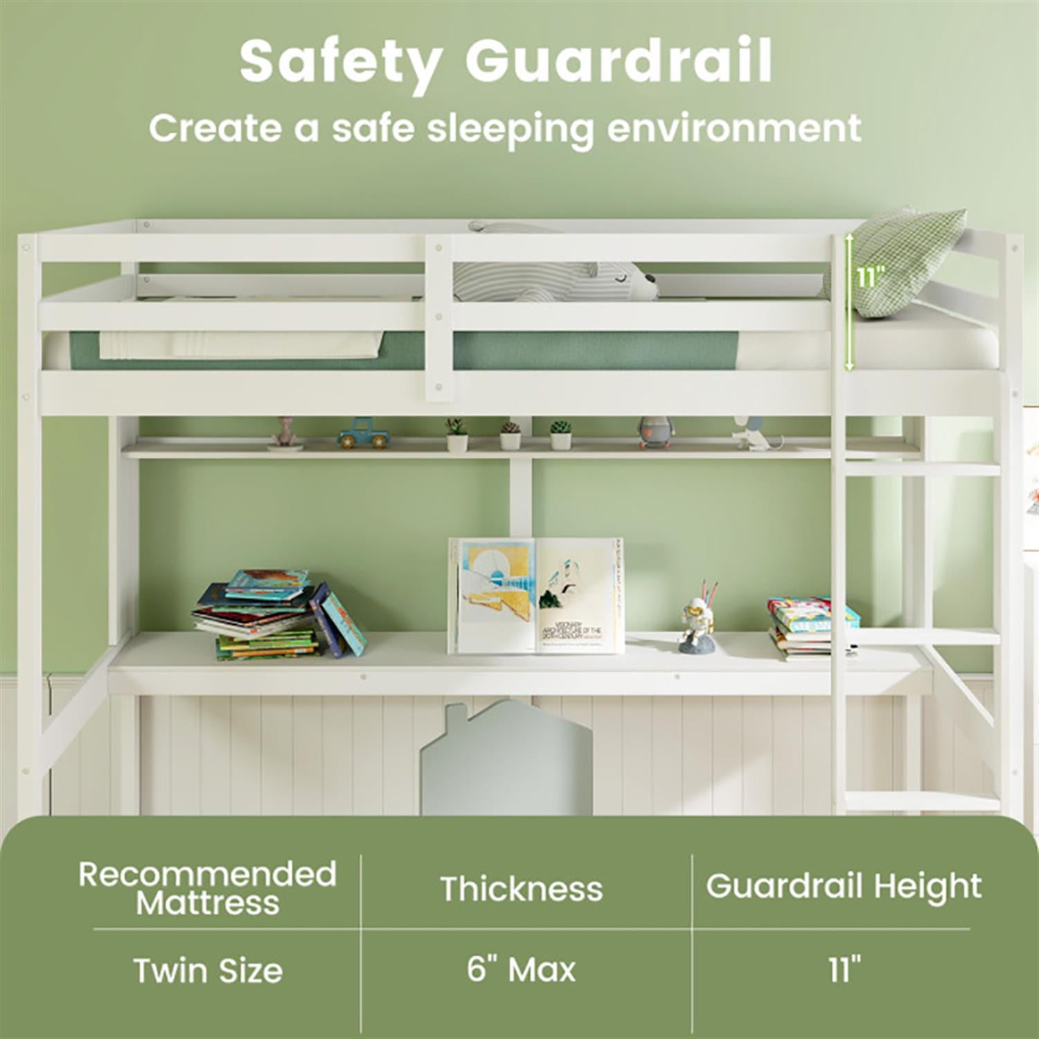 Demi Bonn Loft Bed Twin Size, Solid Wood Low Loft Bed with Guard Rail and Ladder, Modern Wooden Loft Bunk Bed Frame, White