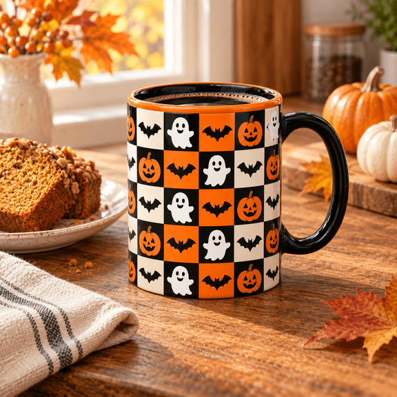 Coffee Mug Halloween Checkerboard with Pumpkin, Ghost and Bat Icons for Morning Drinks, Spooky Season