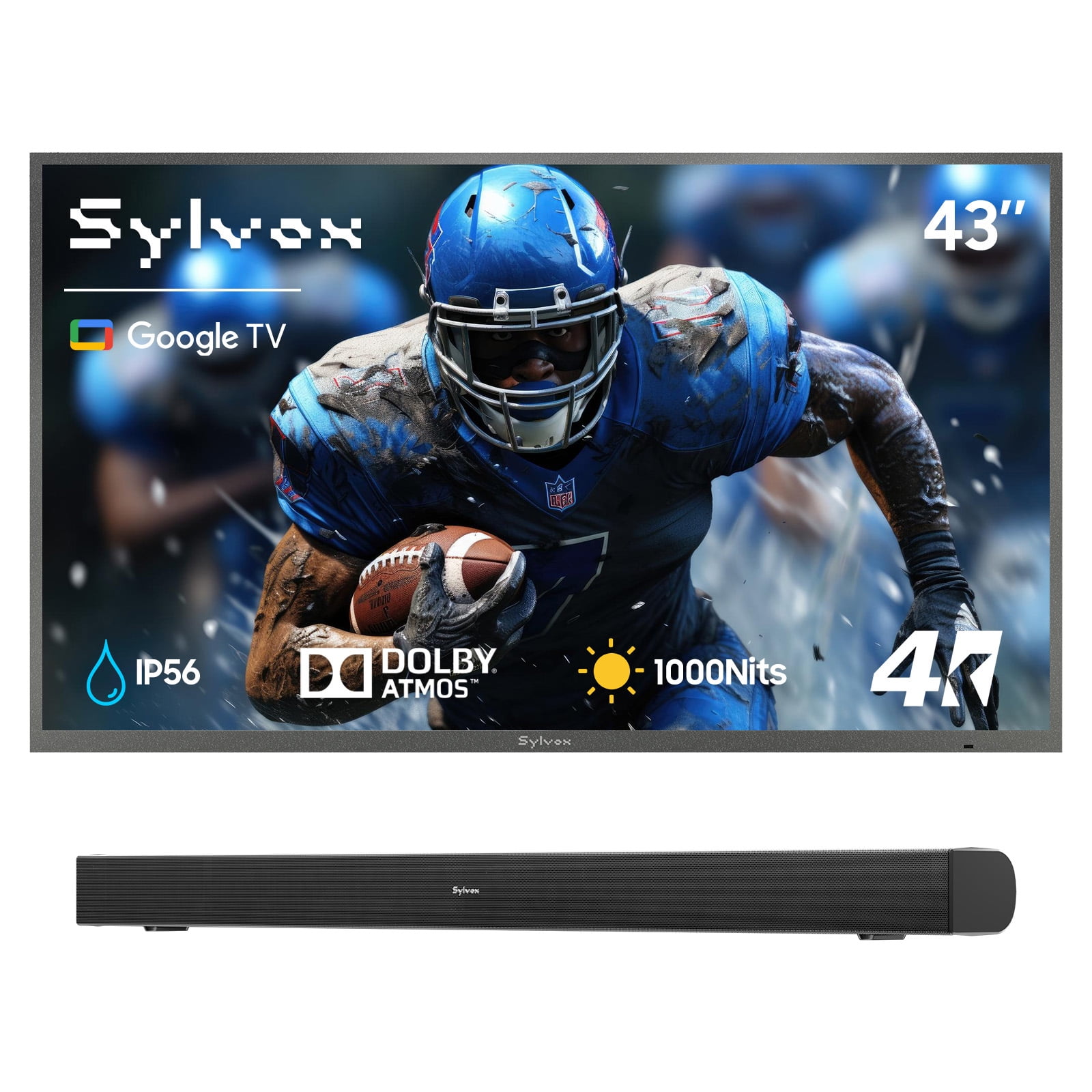 SYLVOX 43" Outdoor TV with Soundbar, 4K UHD Google TV for Partial Sun Outside 1000nit Brightness, IP55 Weatherproof, Dolby Atmos, Voice Remote (Deck Pro 3.0)