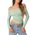 thumbnail image 2 of Women Crop Long Sleeve Tops Drawstring Basic Off-Shoulder Shirt Casual Pullovers for Club Streetwear Aesthetic Clothes, 2 of 10