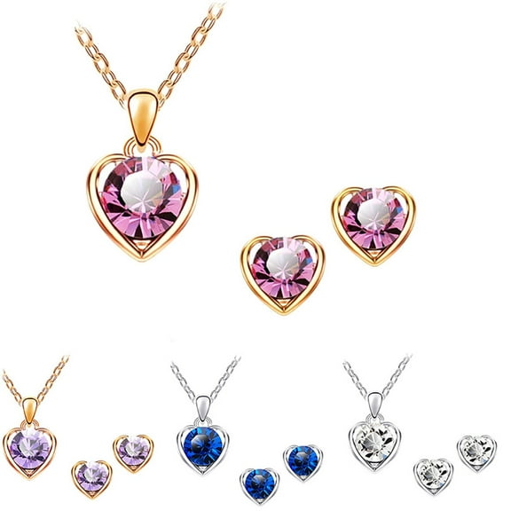 SmartBy Women Rhinestone Heart Pendant Necklace Chain Stud Earrings Party Jewelry Set