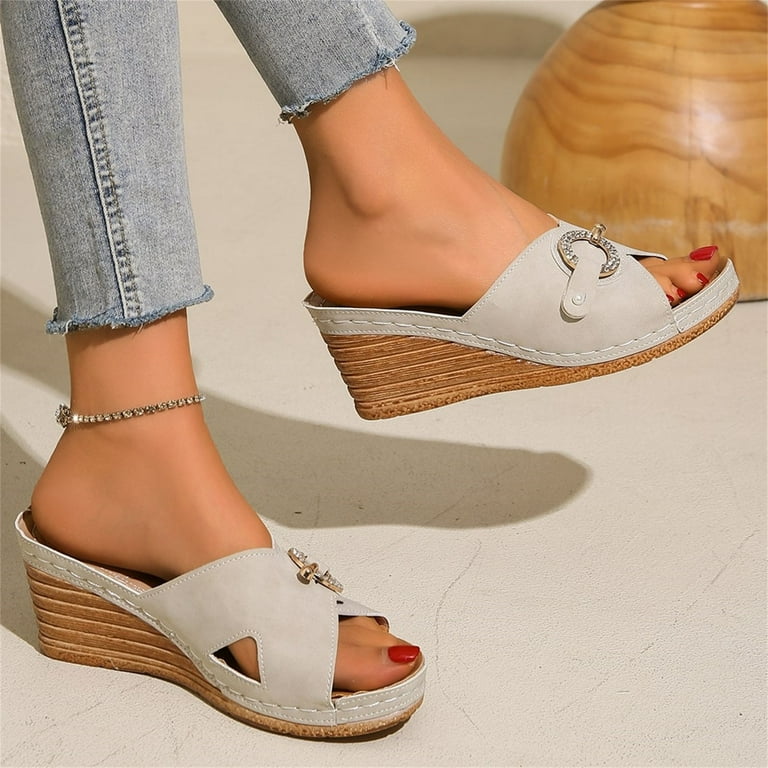 NOKIO Wedge Sandals for Women Open Toe Wedge Heels Womens High Heel Sandal Round Toe Heeled Wedge Sandals Wood Grain Slip on Wedge Mules Hollow Casual Slippers Walmart