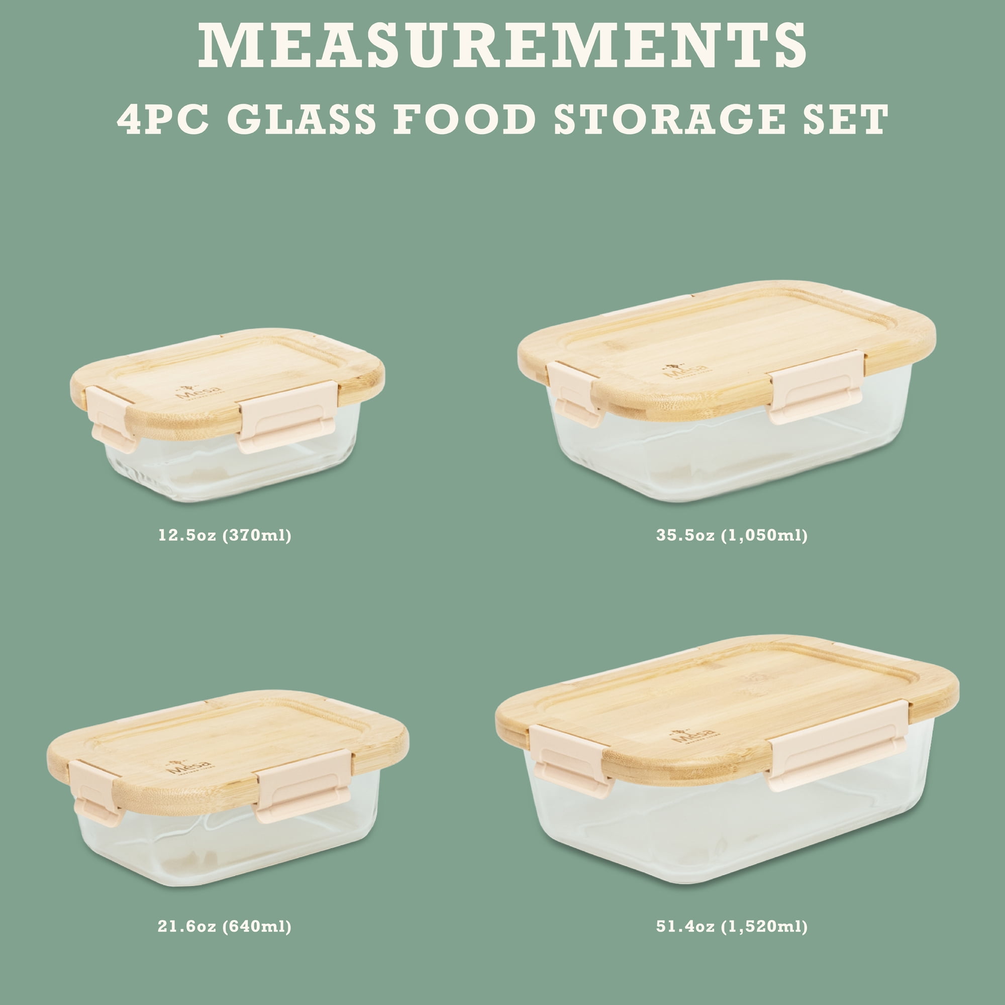 Mesa Living Glass Food Storage with Click Lock Wood Lids, 4pc Set