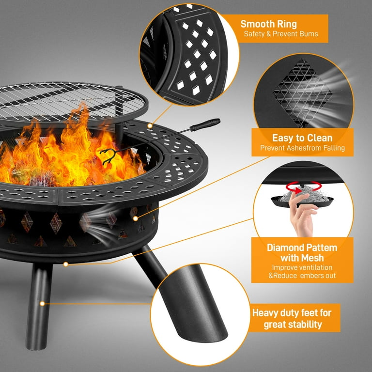 Ktaxon 22-Inch BBQ Grill Portable Wood Burning Fire Pits Iron Backyard Patio Garden Round Fire Pit Cooking Grill, Black Ktaxon 22-Inch BBQ Grill Portable Wood Burning Fire Pits Iron Backyard Patio Garden Round Fire Pit Cooking Grill, Black