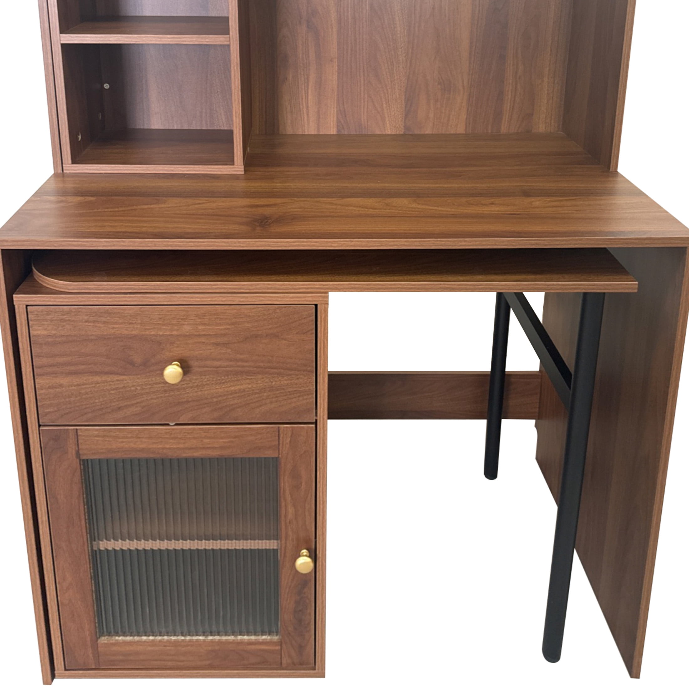Noble House 70.87" Computer Desk with Hutch, Glass-Door Cabinets, 90° Rotating Desktop, Bookshelf & Drawer, Walnut