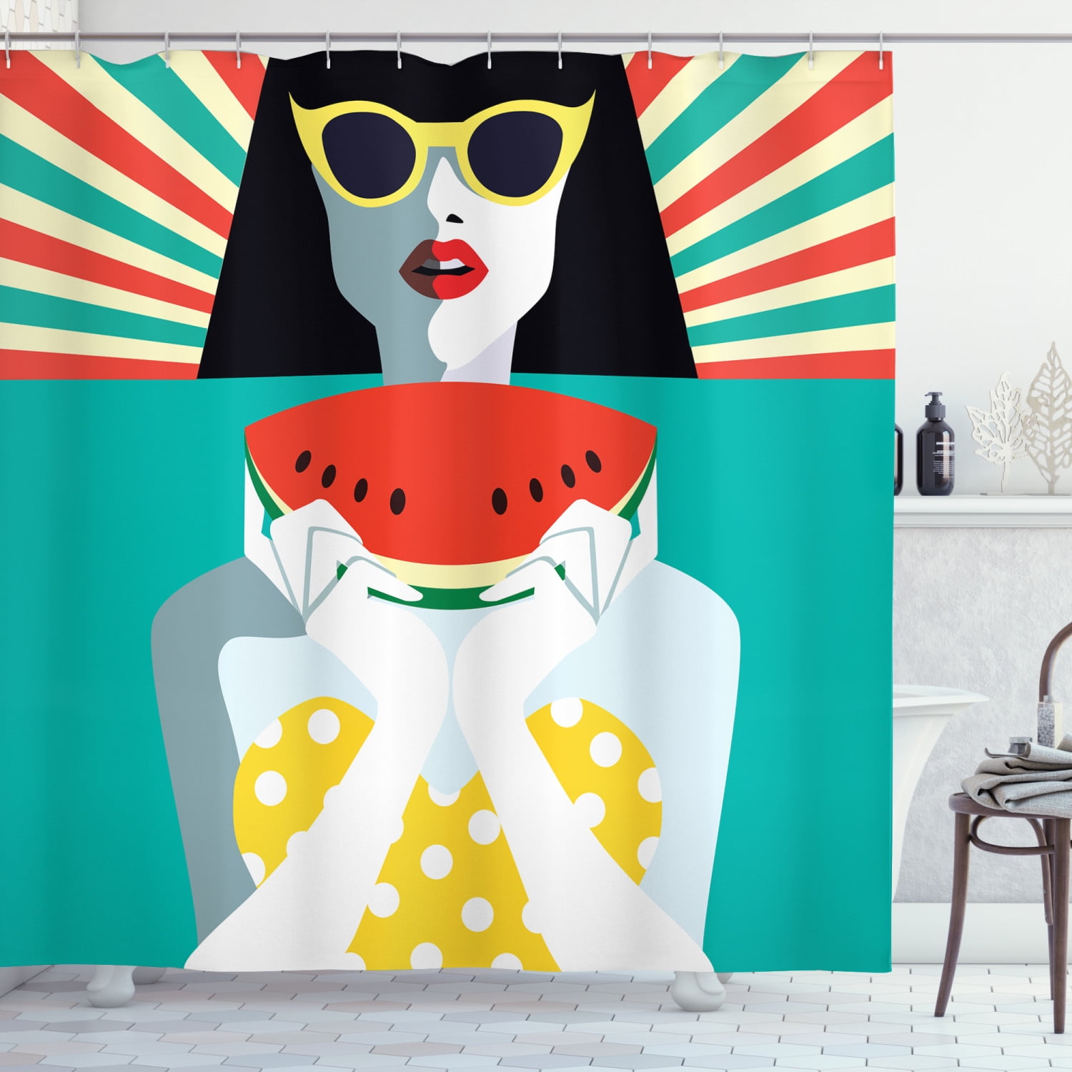 Vintage Woman Shower Curtain, Pop Art Girl on Summer Holiday Wearing Polka Dot Bikini and Eating