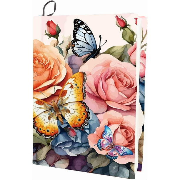 Funda elástica para libros de 9x11 pulgadas con diseño de flores y mariposas, lavable y reutilizable. Protector grande de nailon elástico para cuadernos.
