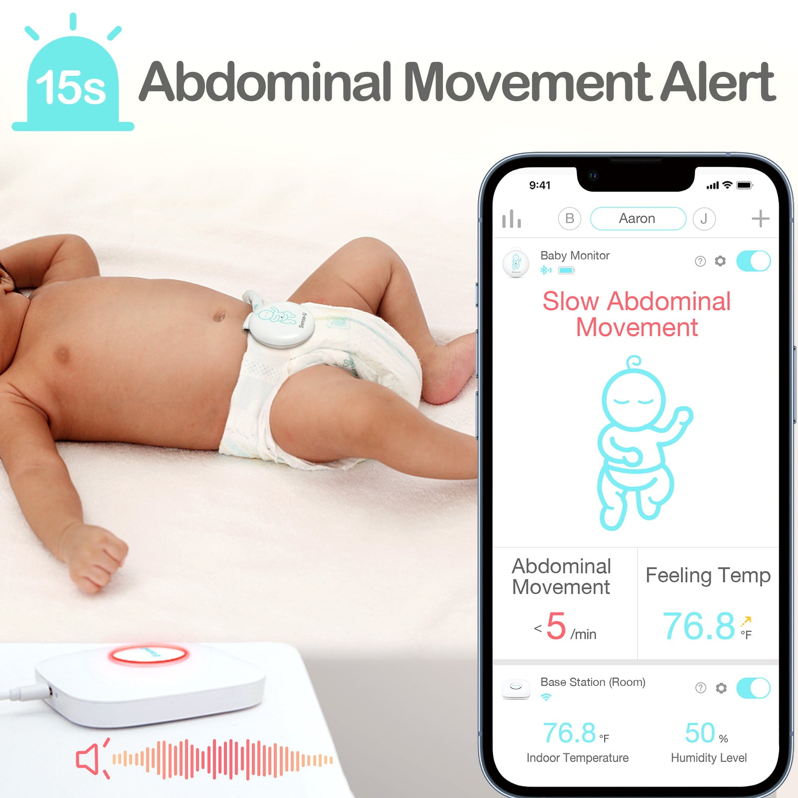 Sense-U Smart Baby Abdominal Movement Monitor - Tracks Baby's Abdominal Movement, Temperature, Rollover, Sleeping Position and Humidity on Smartphone and Base Station - Anytime, Anywhere, Pink