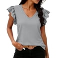 thumbnail image 1 of Pounoo Striped Tops for Women V Neck Short Sleeve Ruffle Cuff Blouses Beach Casual Lightweight Tunics Gift, 1 of 6
