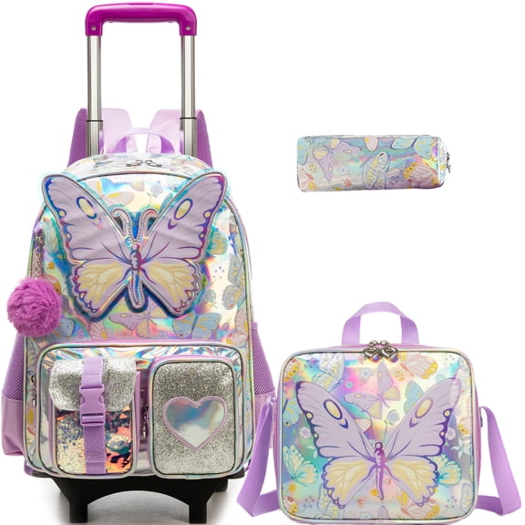 Kids Rolling Backpack for Girls Roller Backpacks for School with Wheels for Elementary Students Bookbag with Lunch Box Pencil Case for Girl Age 8-10