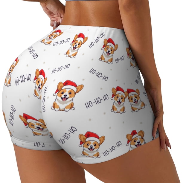 Fotbe Corgi With Santa Claus Hat Shorts Sin Costuras – Shorts Deportivos de Cintura Alta para Mujer, Elásticos para Gimnasio, Yoga, Running o Ciclismo-Large