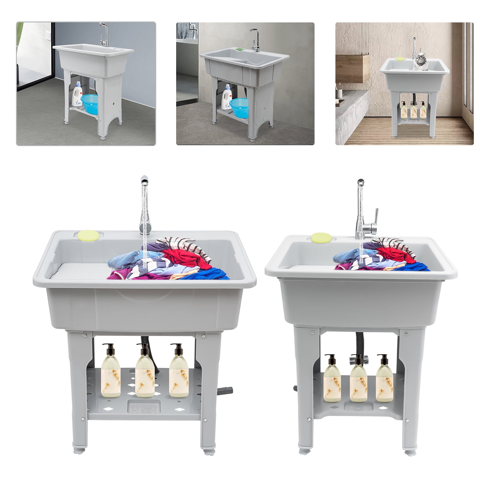 Heavy-Duty Utility Sink Laundry Tub – Weather-resistant PP Basin with Removable Washboard and Storage Shelf