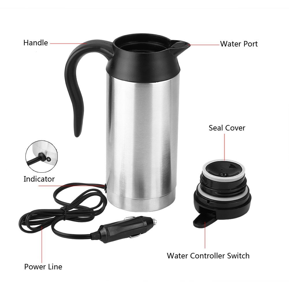 Qiilu 1200ml Car Electric Kettle 12V Hot Water Bottle Stainless Steel  Cigarette Lighter Heating Cordless Kettle Mug Electric Travel Thermoses