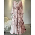 thumbnail image 5 of Women's V Neck Floral Printed Pleated Dress Long Sleeve Flowy A Line Party Maxi Cocktail Dresses Pink XXL, 5 of 7