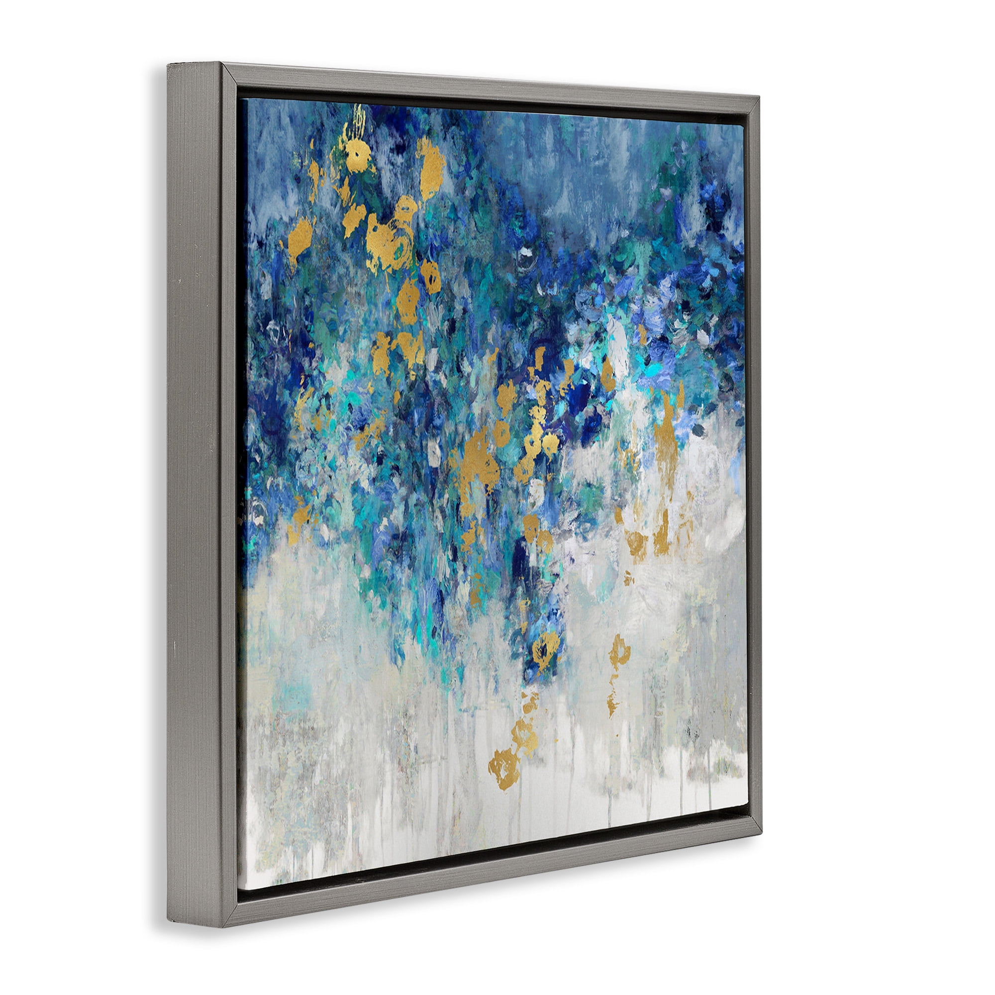 Stupell Industries Abstract Blue Gold Paint Design Abstract Painting Gray Floater Framed Canvas Art Print Wall Art, 25 x 25