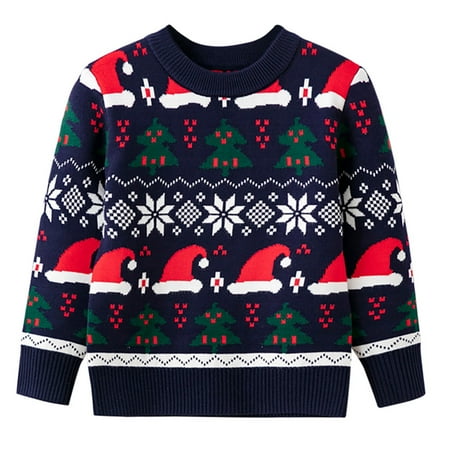 

1-6T Kids Boys Girls Christmas Hat Sweater Crewneck Pullover Xmas Sweatshirt - Navy