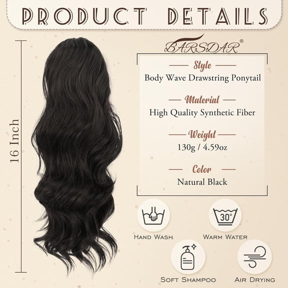 WEIF-Drawstring Ponytail Extension, 16 Inch Black Brown Short Wavy Ponytail Hair Extensions for Women Soft Synthetic Clip in Pony Tails Hirpieces Daily Party Halloween- Black Brown