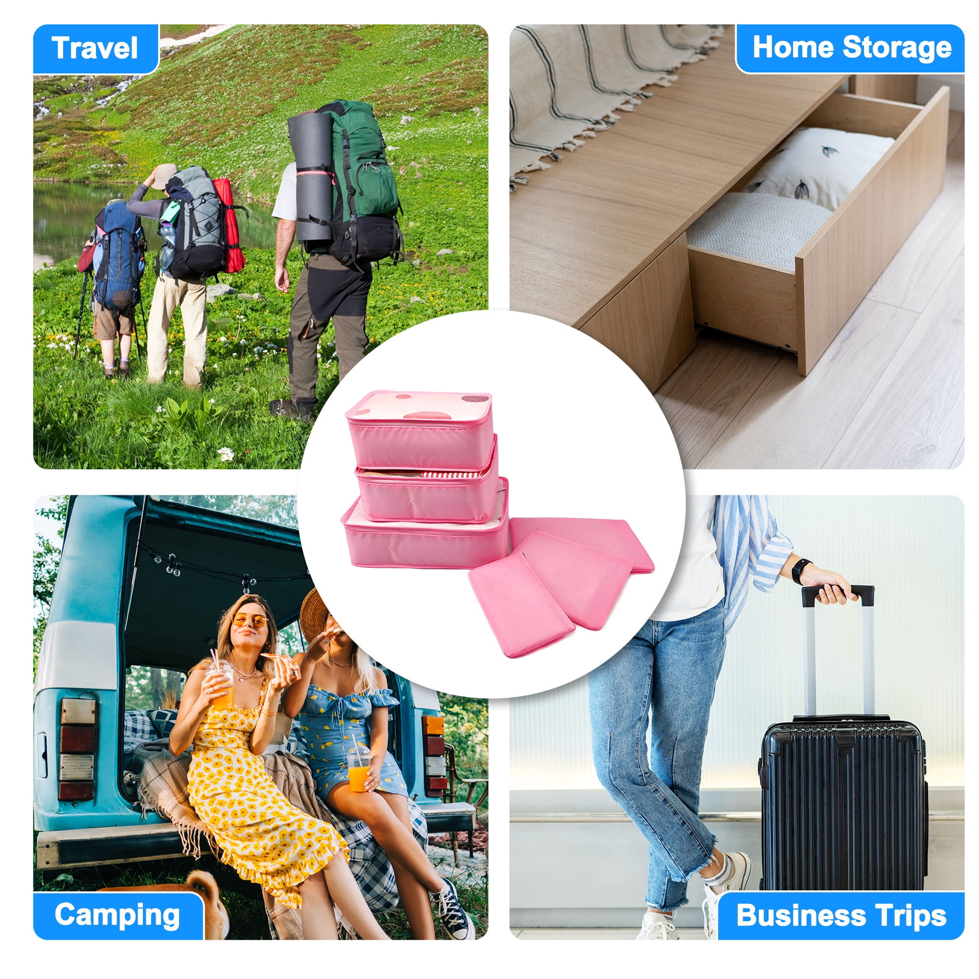 Unique Bargains 6Pcs Zipper Design Packing Cube Set for Luggage Pink