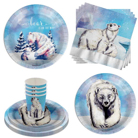 Our Little Polar Bear Is On The Way Baby Shower Party Supplies 64 Piece Tableware Set Includes Large 9" Paper Plates Dessert Plates, Cups and Napkins Kit for 16