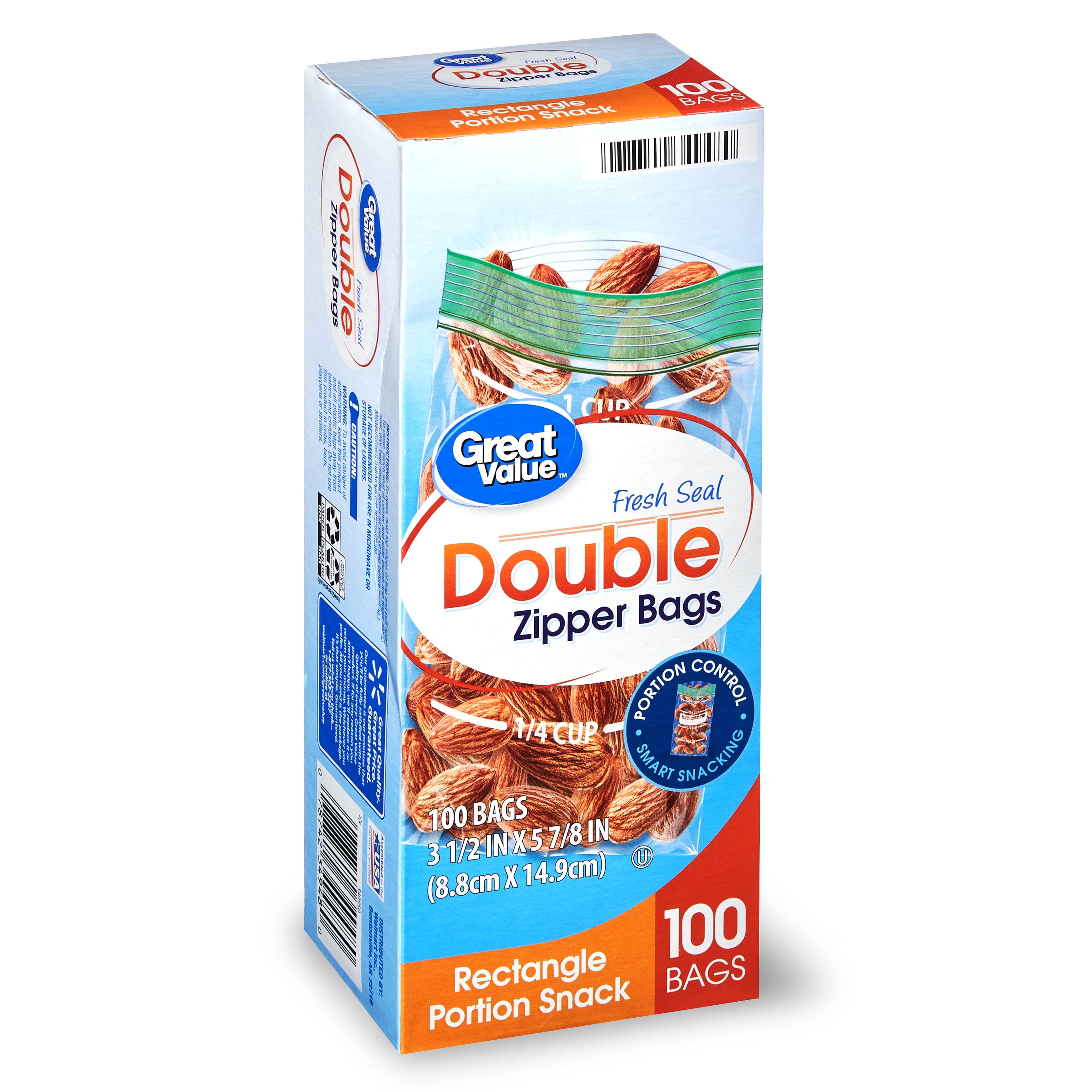 Great Value Fresh Seal Double Zipper Rectangle Portion Snack Bags, 100 Count