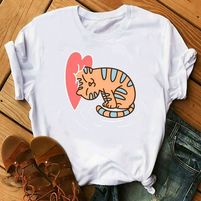 Pntutb Tallas grandes Mujer Manga corta Gato 3D Impreso O-cuello tops Camiseta Blusa Pntutb Pntutb-8578