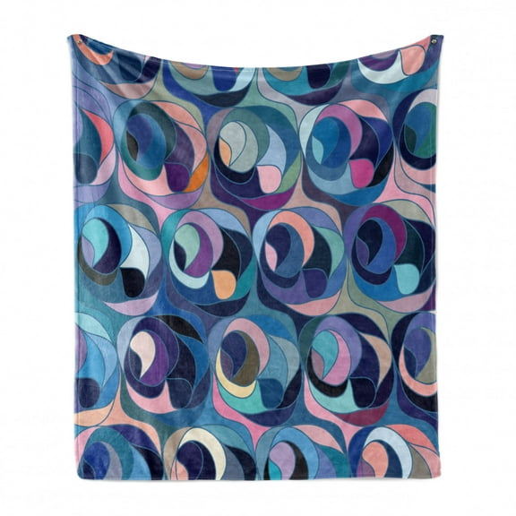 Abstract Soft Flannel Fleece Blanket, Motley Retro Colored Curvy Shapes Continuous Funky Tiles as Uneven Circular Forms, Cozy Plush for Indoor and Outdoor Use, 50" x 60", Multicolor, by Ambesonne